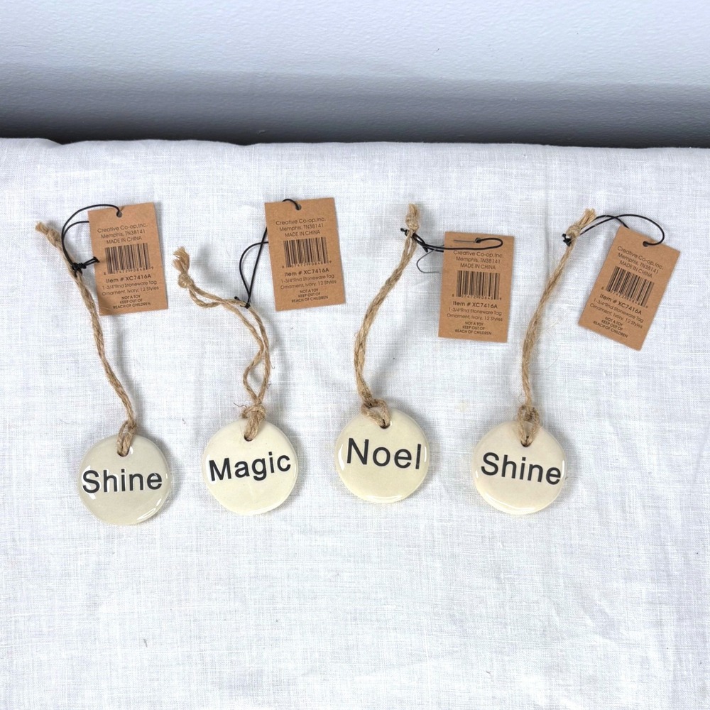 Creative Co-op Ivory Stoneware Tag Ornaments Set of 4 Shine Magic Noel